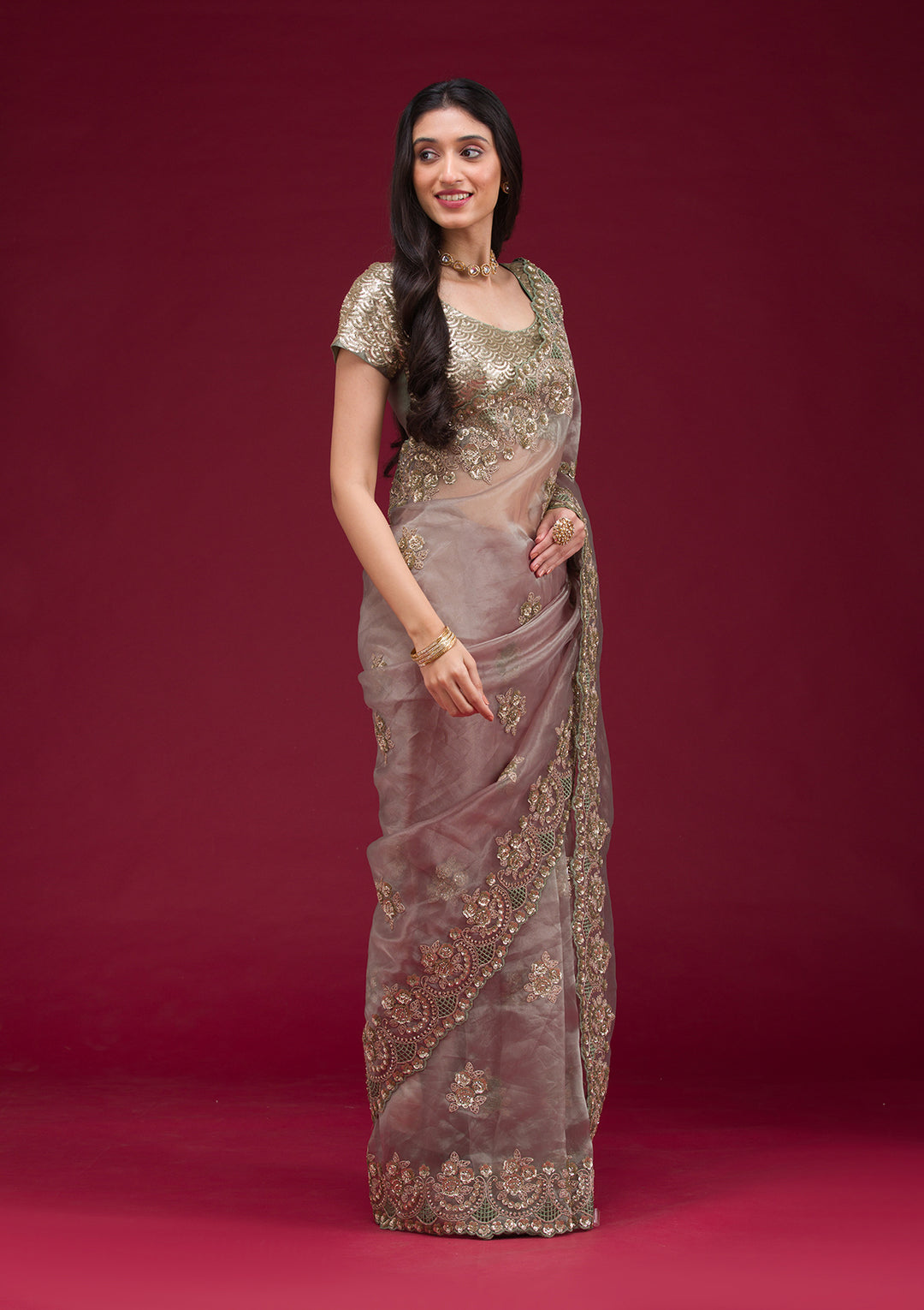 Sea Green Sequins Tissue Saree