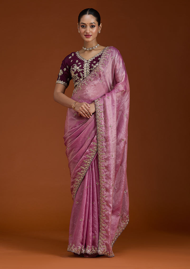 Onion Pink Sequins Tissue Saree