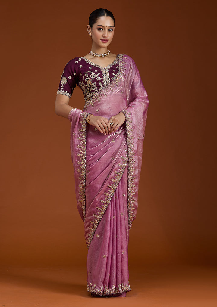 Onion Pink Sequins Tissue Saree