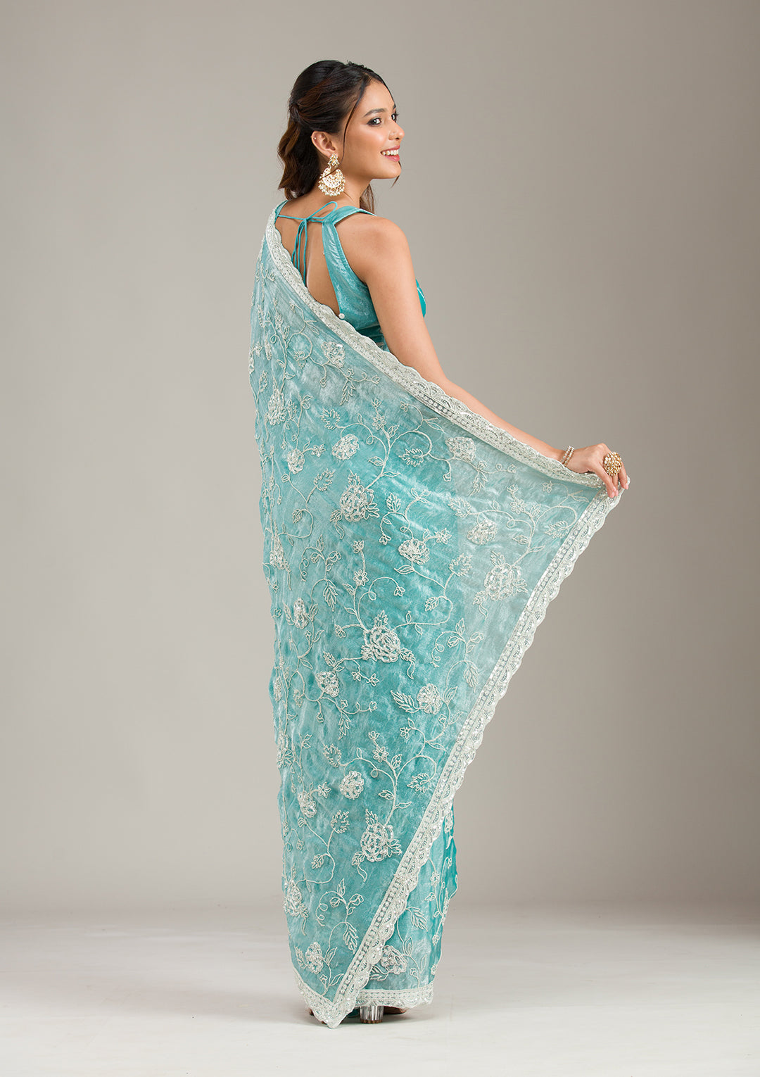 Sea Green Kashmiri Soft Raw Silk Saree