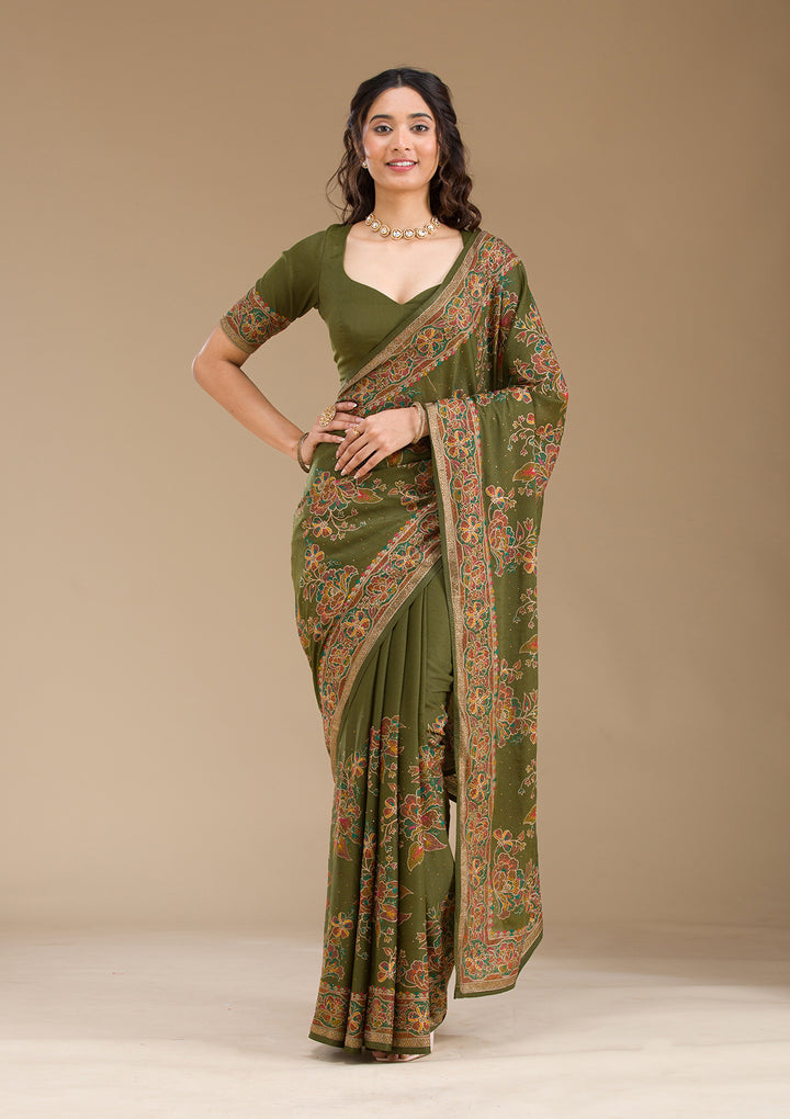 Mehendi Threadwork Tissue Saree