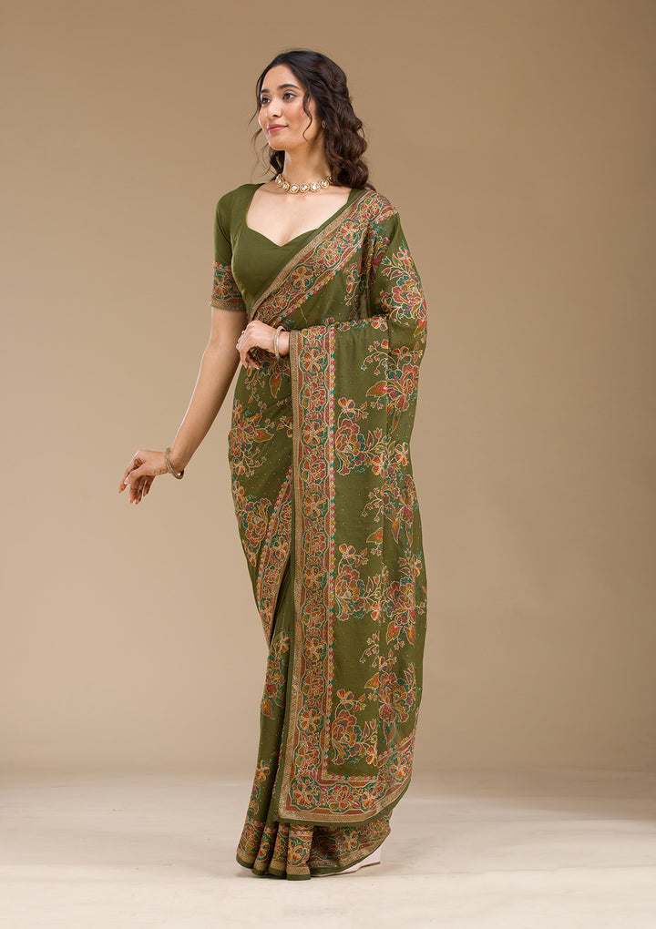 Mehendi Threadwork Tissue Saree