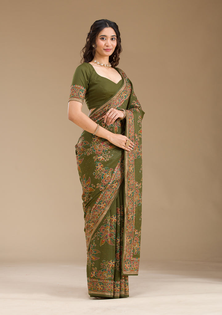 Mehendi Threadwork Tissue Saree