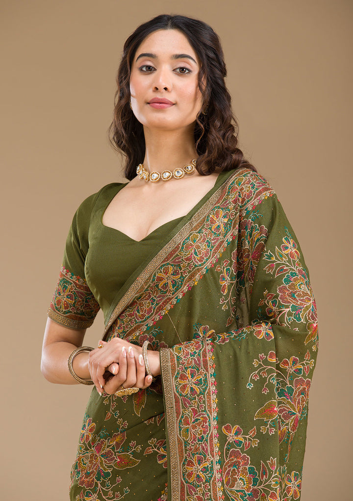 Mehendi Threadwork Tissue Saree