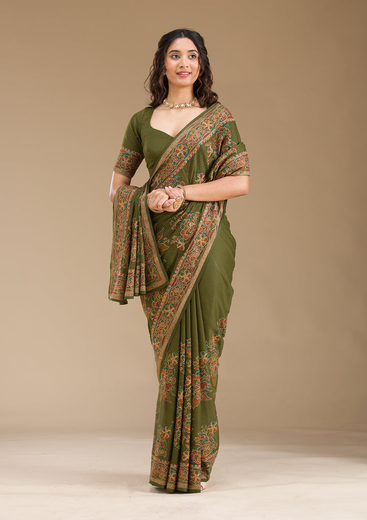 Mehendi Threadwork Tissue Saree