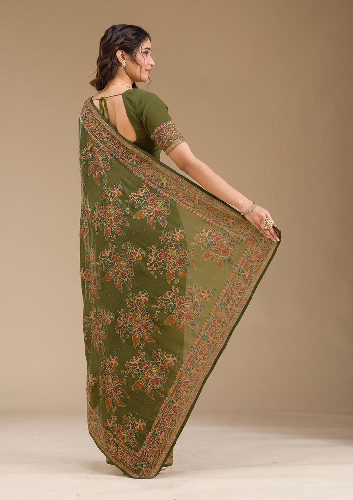 Mehendi Threadwork Tissue Saree