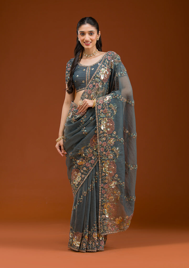 Light Grey Sequins Tissue Saree