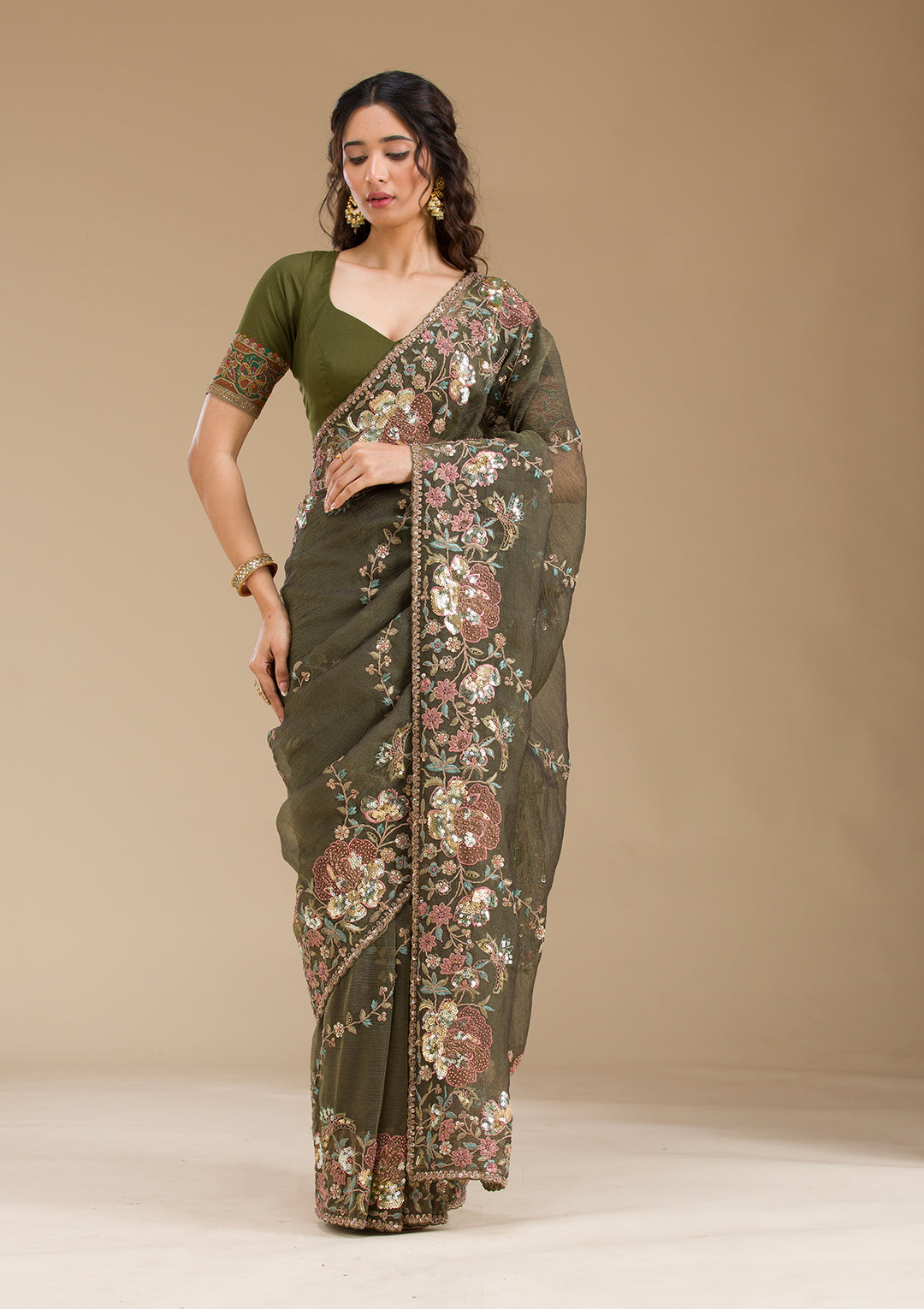 Mehendi Sequins Tissue Saree