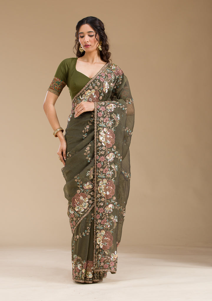 Mehendi Sequins Tissue Saree