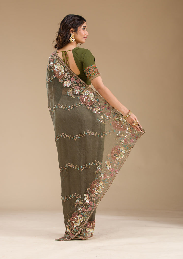 Mehendi Sequins Tissue Saree