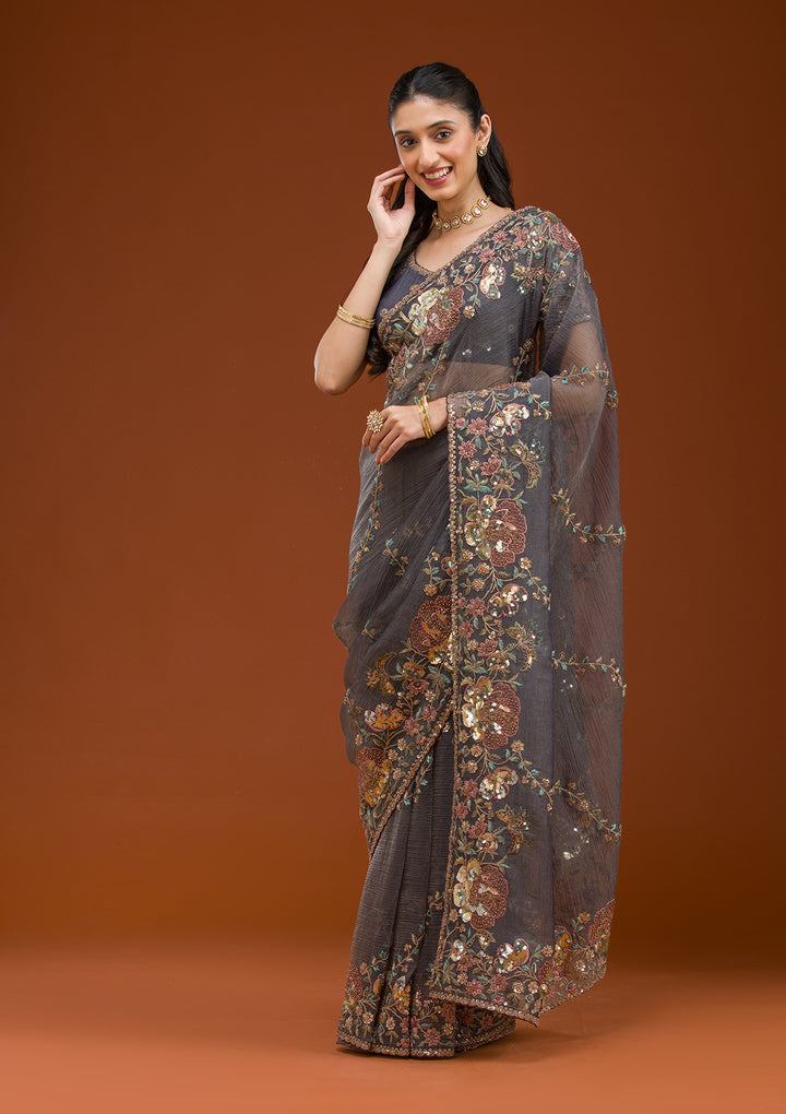 Purple Sequins Tissue Saree