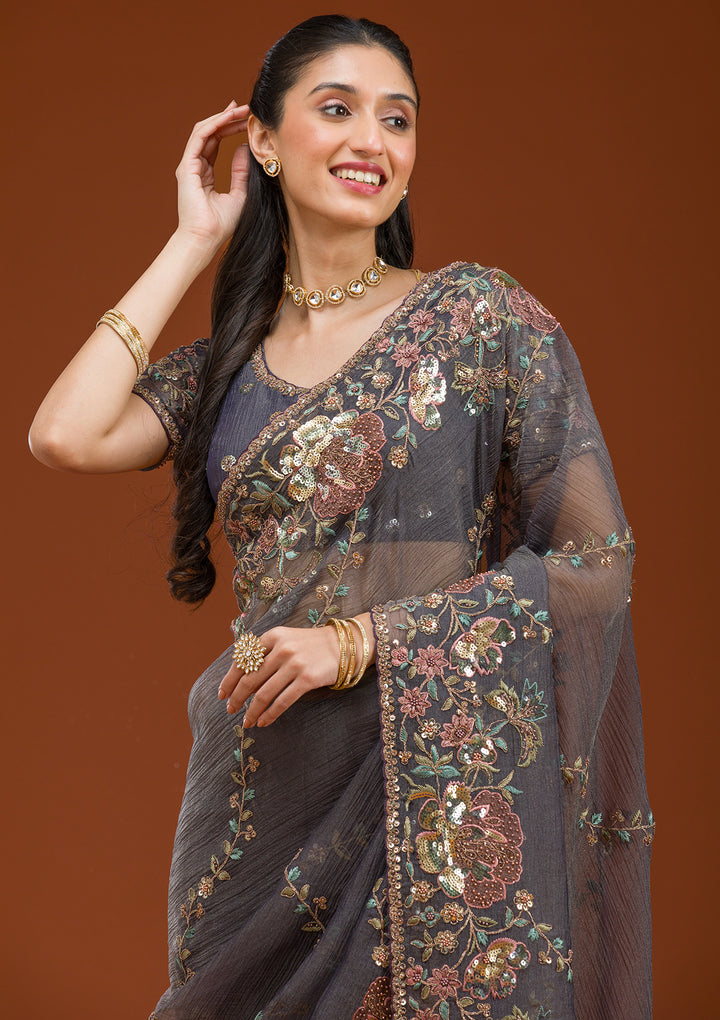 Purple Sequins Tissue Saree