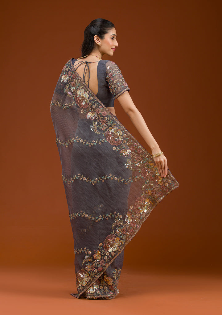 Purple Sequins Tissue Saree