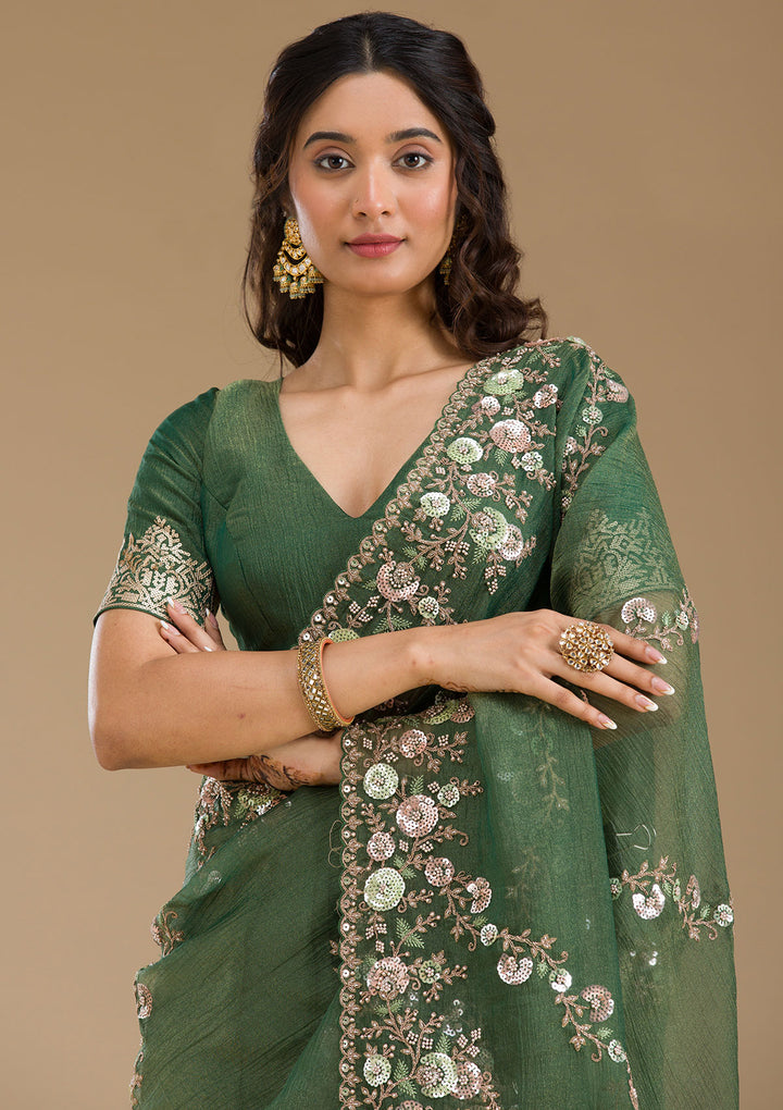 Bottle Green Sequins Tissue Saree
