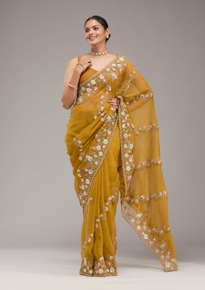 Mustard Sequins Tissue Saree