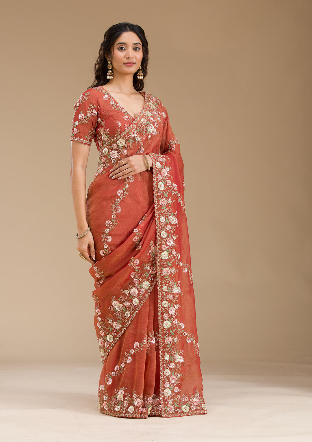 Rust Sequins Tissue Saree