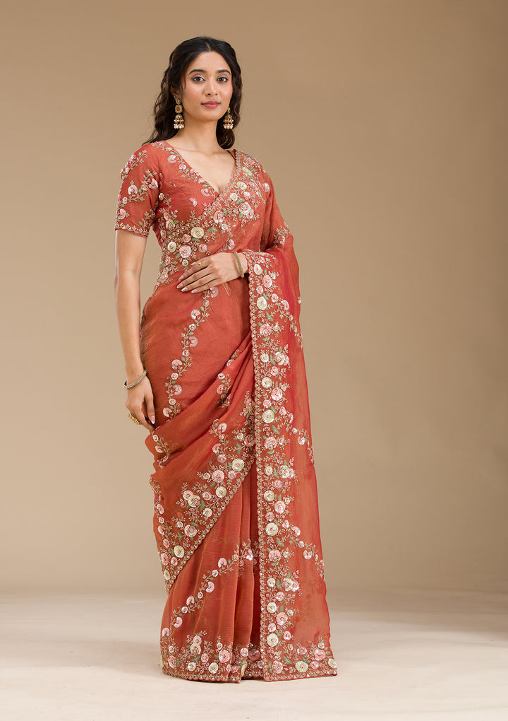 Rust Sequins Tissue Saree