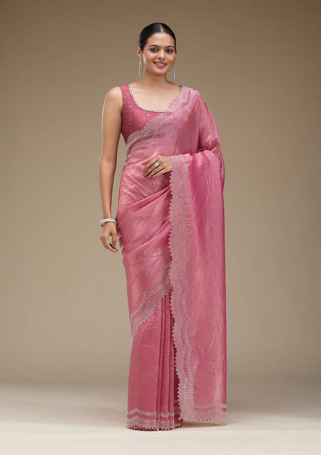 Onion Pink Stonework Tissue Saree