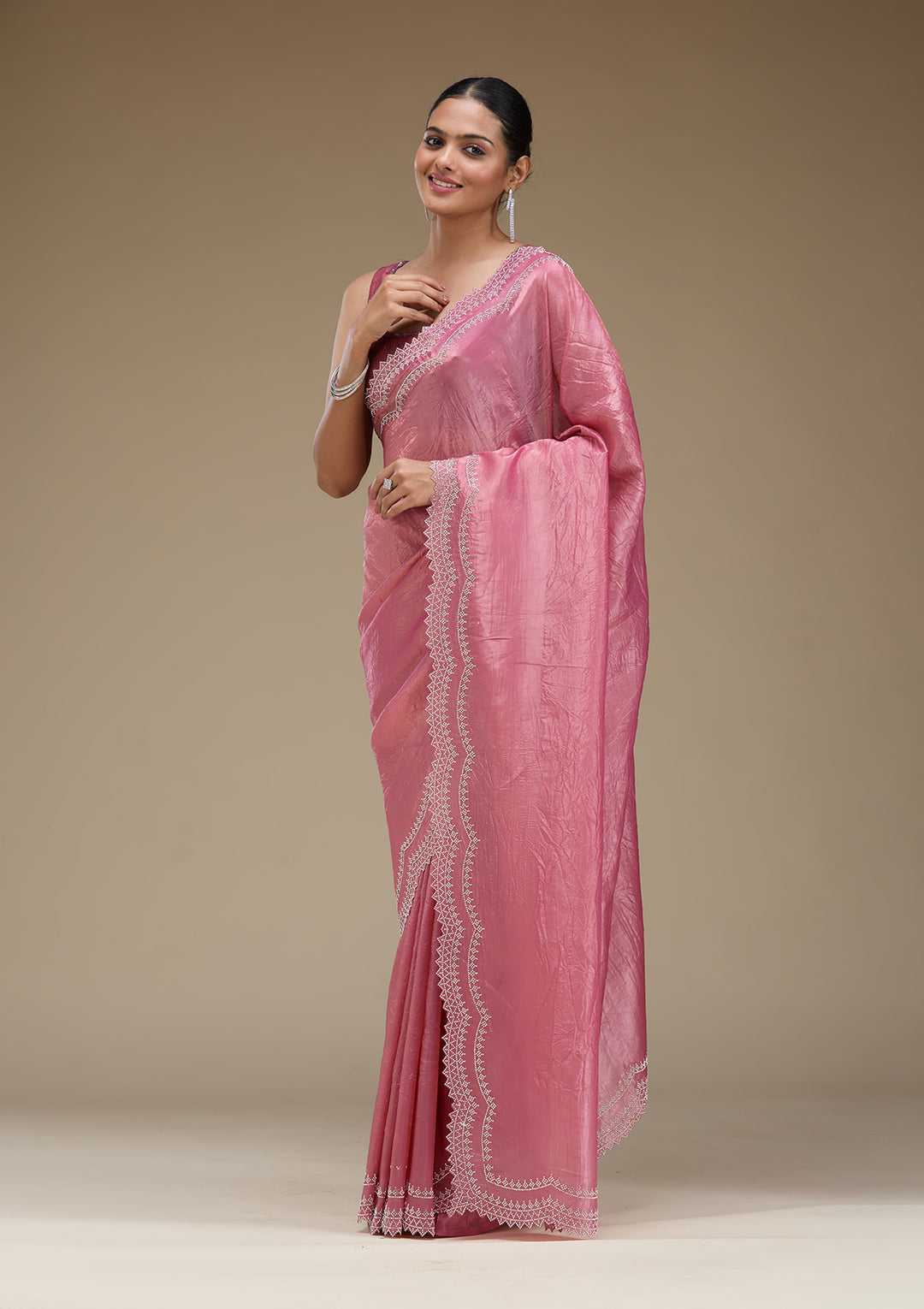 Onion Pink Stonework Tissue Saree