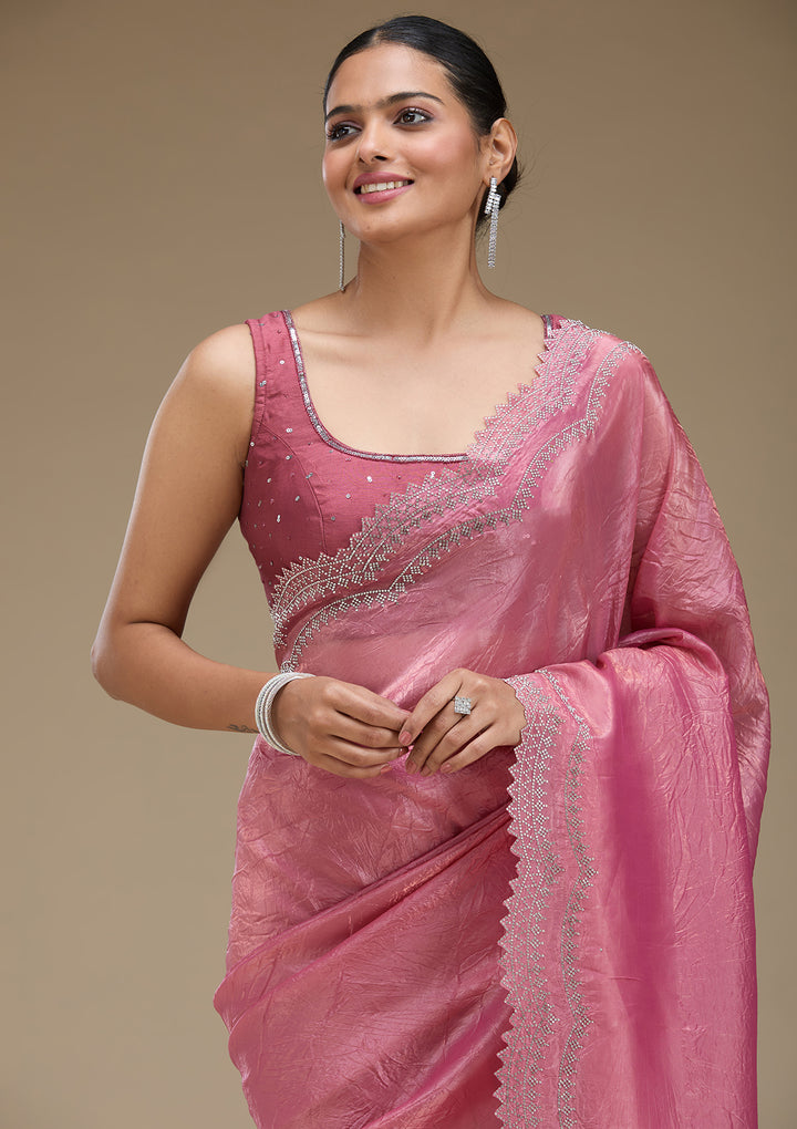 Onion Pink Stonework Tissue Saree