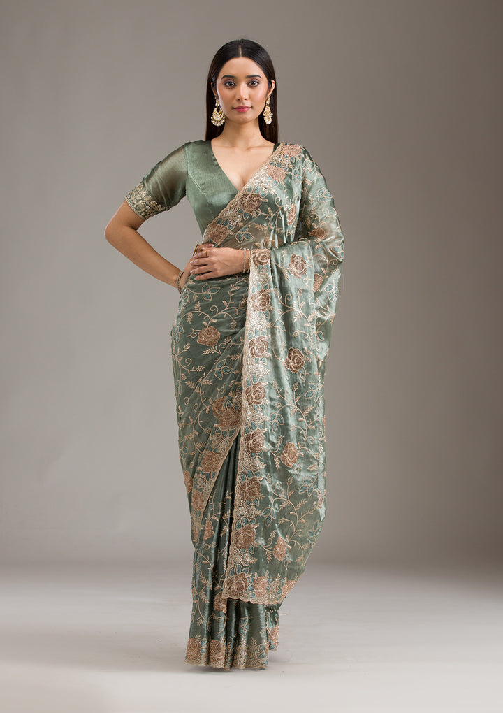 Mehendi Zariwork Tissue Saree