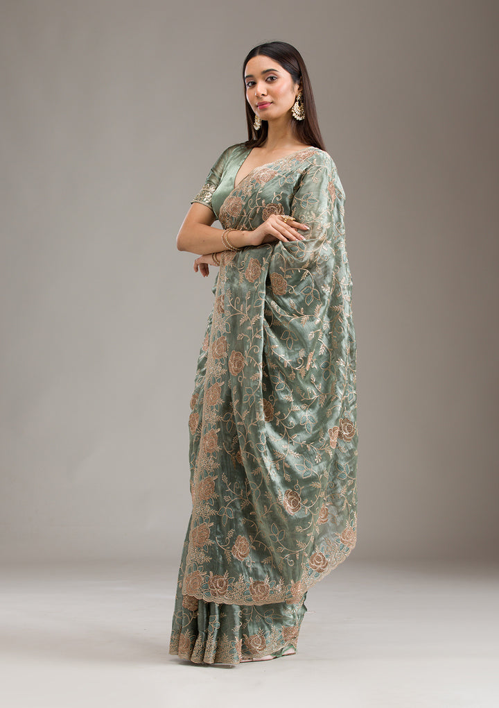 Mehendi Zariwork Tissue Saree
