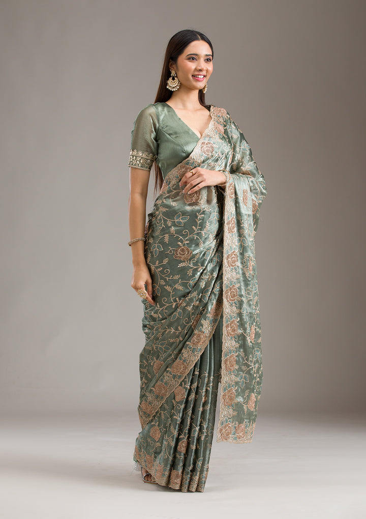 Mehendi Zariwork Tissue Saree