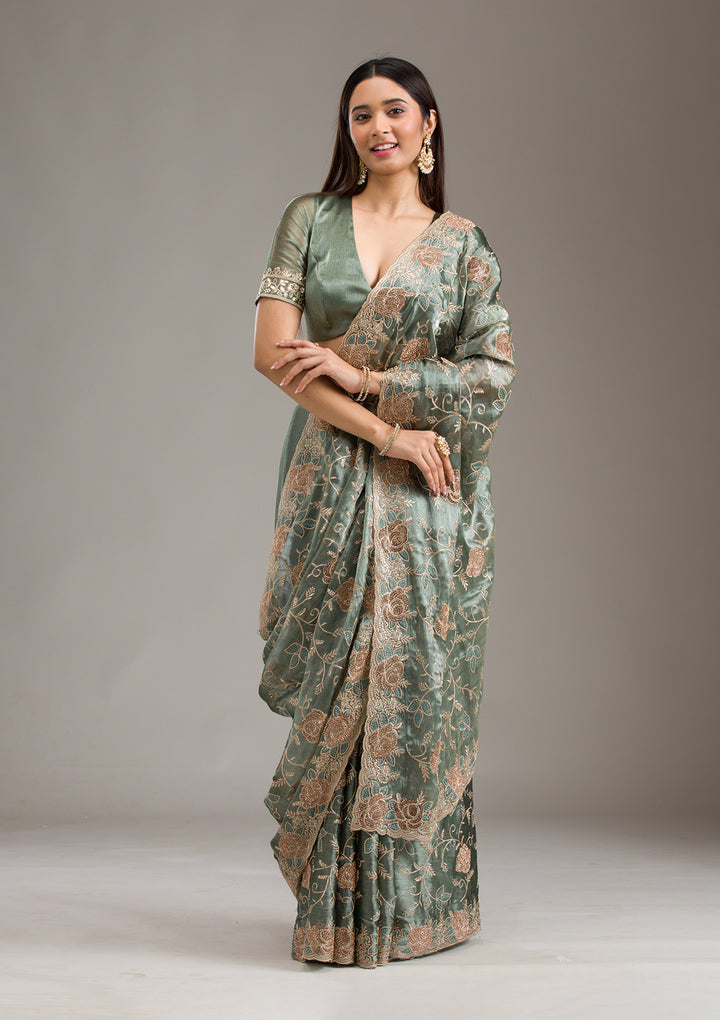Mehendi Zariwork Tissue Saree