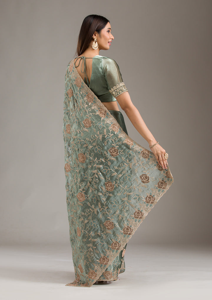 Mehendi Zariwork Tissue Saree