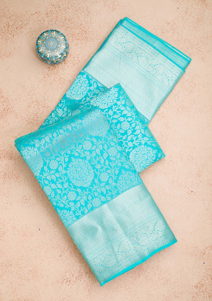 Turquoise Blue Zariwork Pure Silk Saree