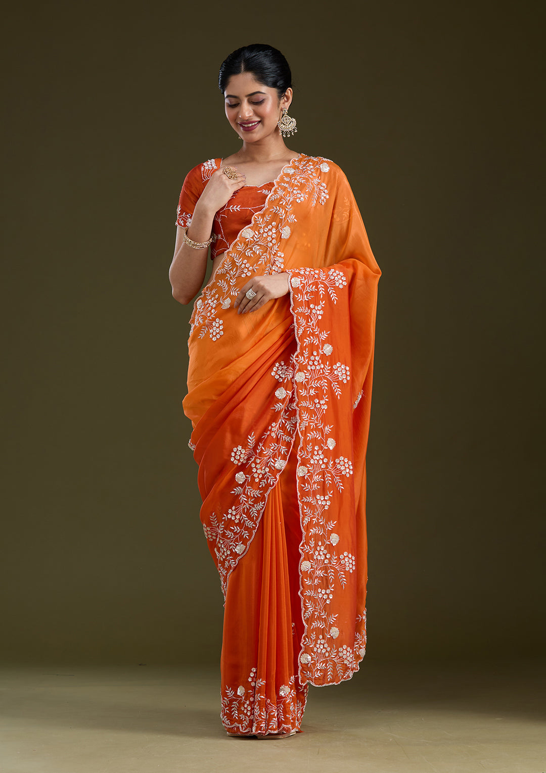 Orange Aariwork Satin Saree