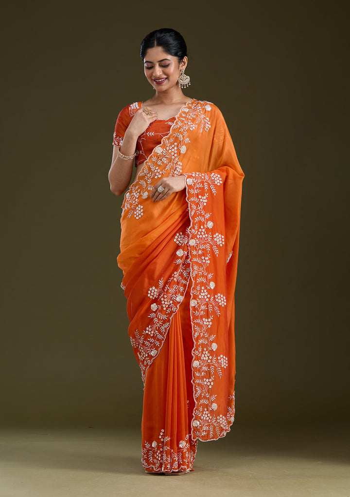 Orange Aariwork Satin Saree