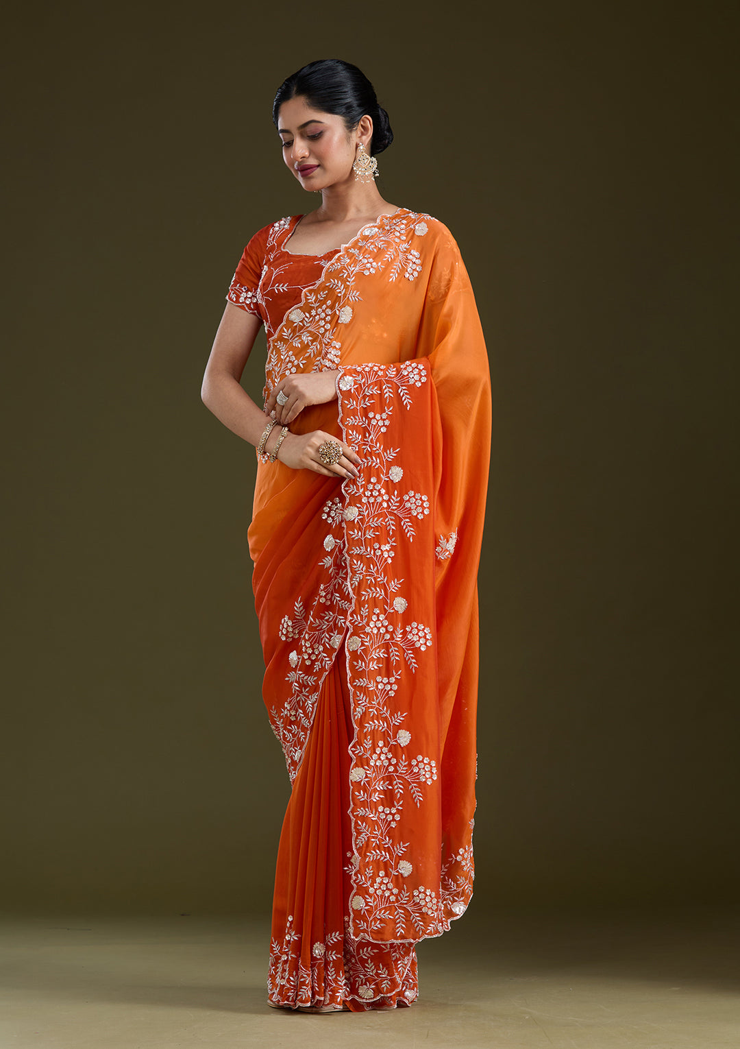 Orange Aariwork Satin Saree
