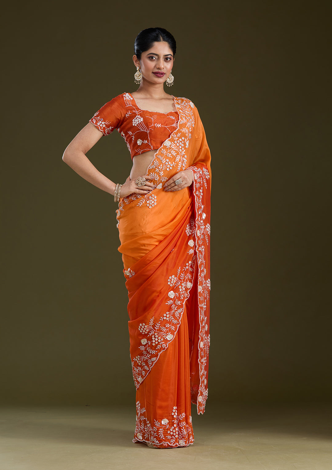 Orange Aariwork Satin Saree