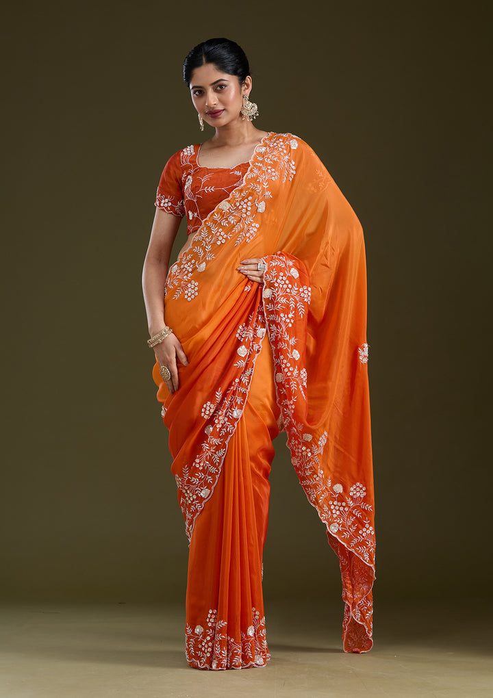 Orange Aariwork Satin Saree