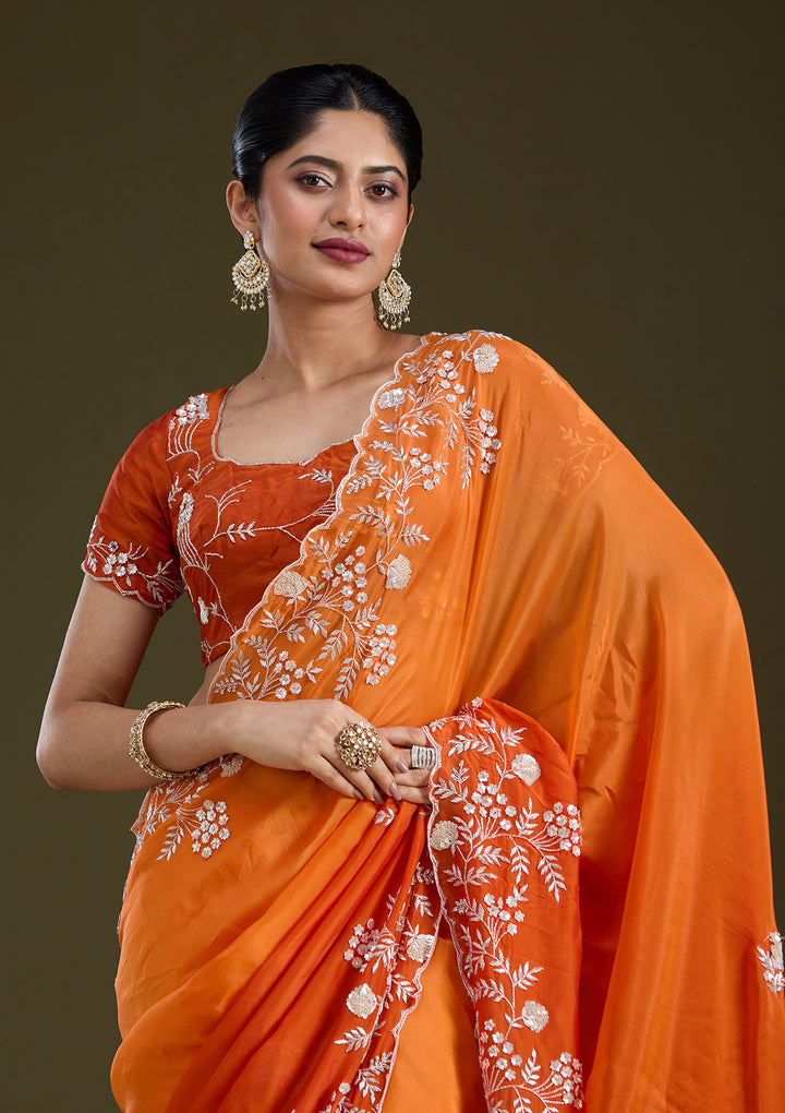Orange Aariwork Satin Saree