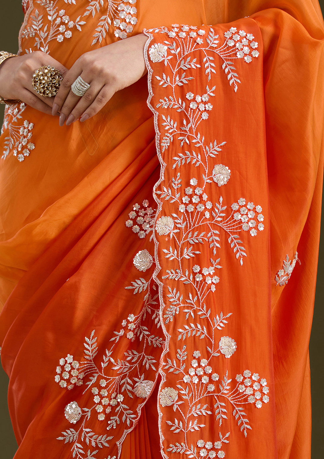 Orange Aariwork Satin Saree