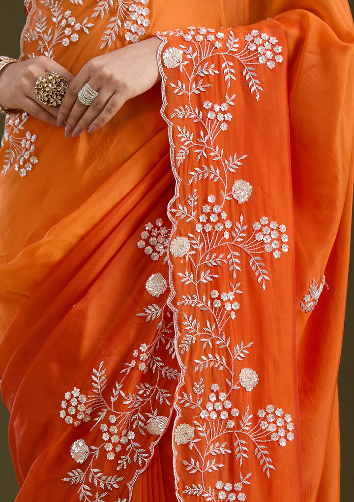 Orange Aariwork Satin Saree