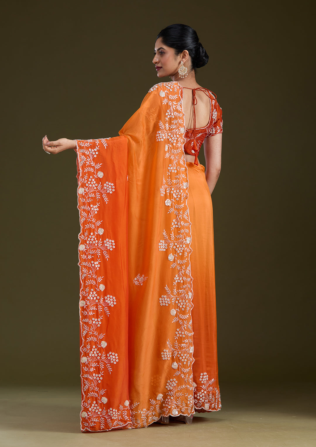 Orange Aariwork Satin Saree