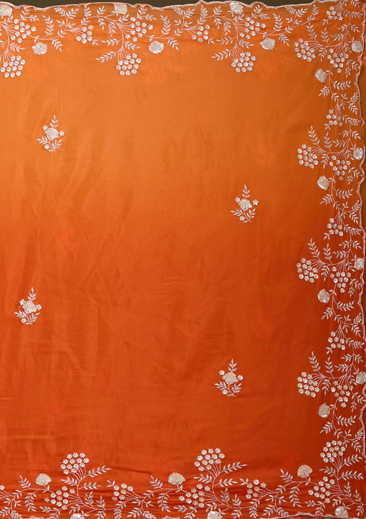 Orange Aariwork Satin Saree