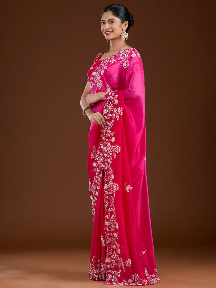 Rani Pink Aariwork Satin Saree