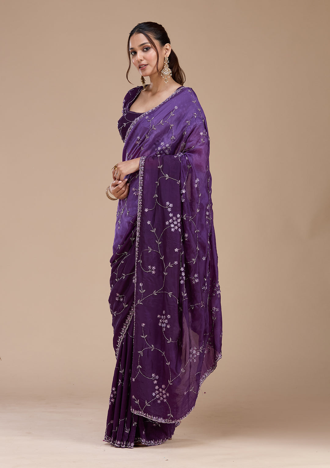 Purple Stonework Chiffon Saree