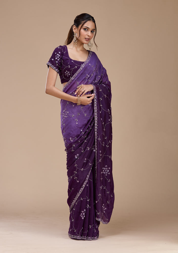 Purple Stonework Chiffon Saree