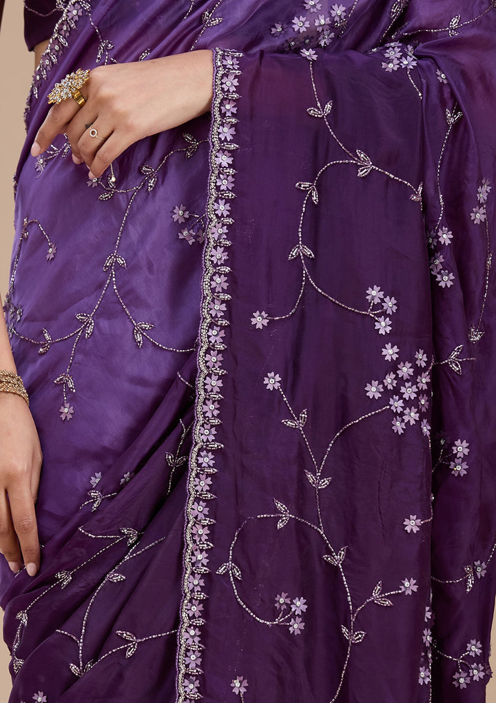 Purple Stonework Chiffon Saree