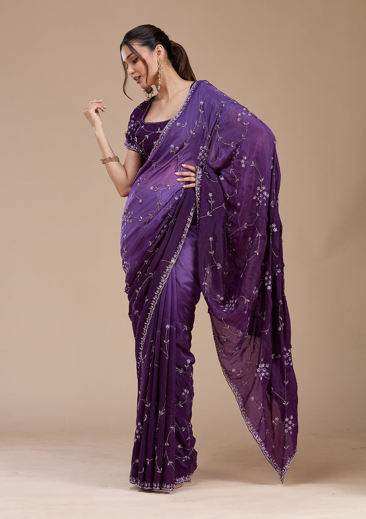 Purple Stonework Chiffon Saree