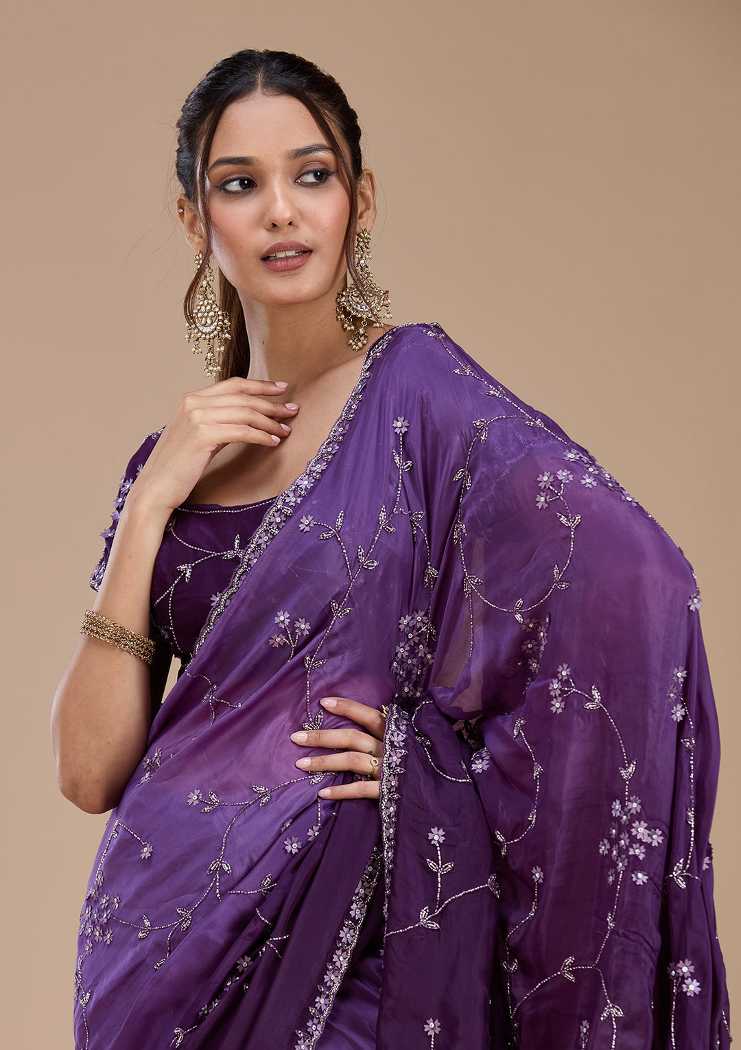Purple Stonework Chiffon Saree