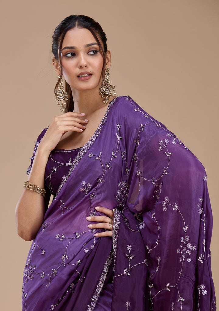 Purple Stonework Chiffon Saree