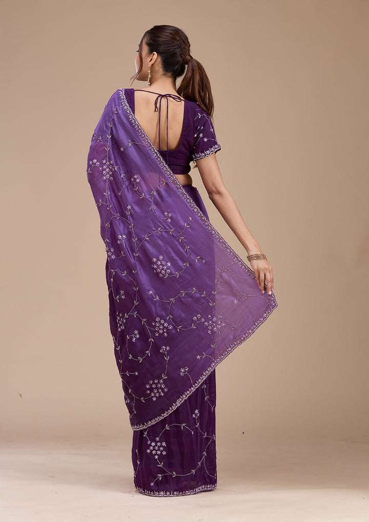 Purple Stonework Chiffon Saree