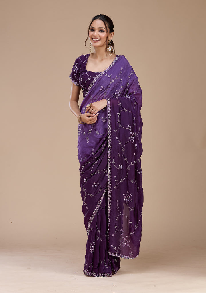 Purple Stonework Chiffon Saree