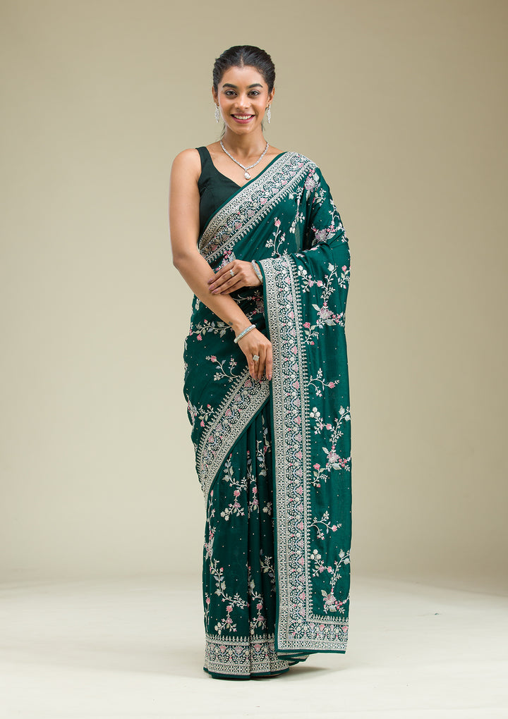 Bottle Green Threadwork Silk Saree